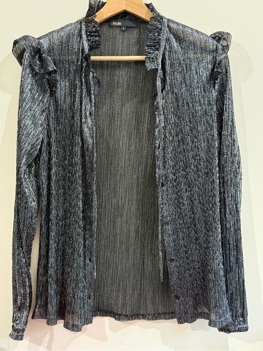 Maje Silver Metallic Ruffle-Trim Cardigan